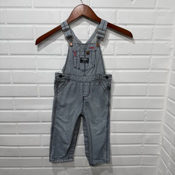 OshKosh BGosh Hickory Stripe Denim Bib Overalls Blue Pink Girls 24 Mos Railroad - Picture 2 of 13